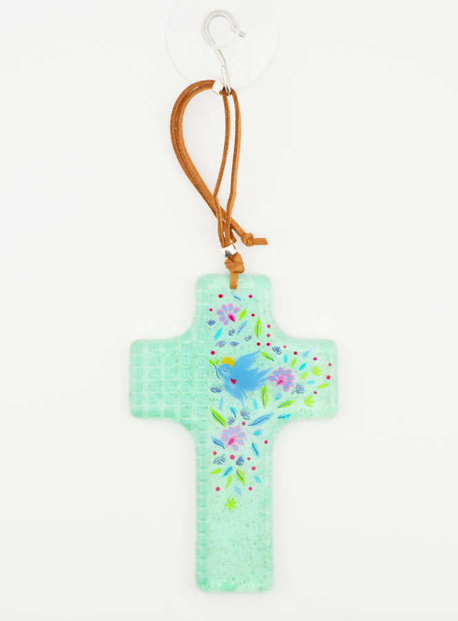 Croix en Verre à Suspendre 12 cm - Colombe et Fleurs (pic 3)