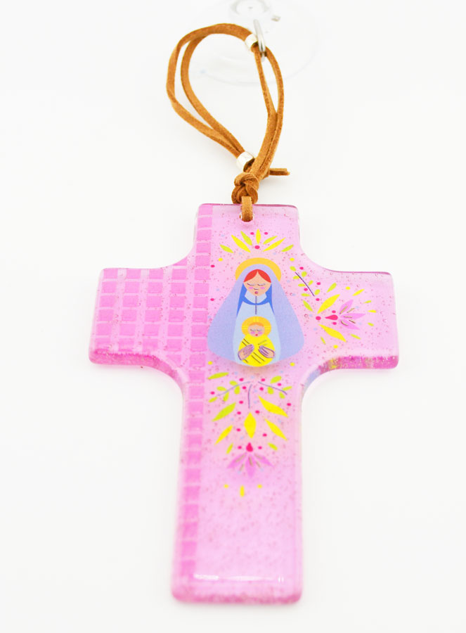 Croix en Verre à Suspendre 12cm - Vierge à l'Enfant (pic 2)