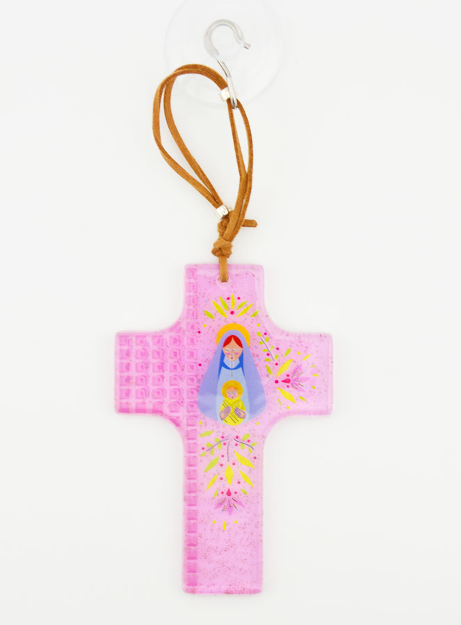 Croix en Verre à Suspendre 12cm - Vierge à l'Enfant (pic 3)