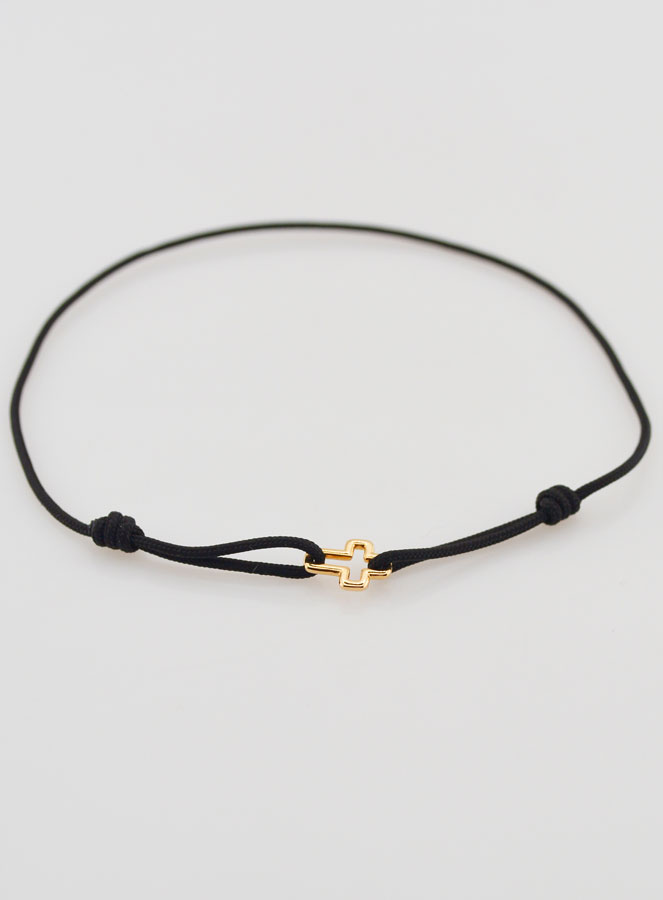 Bracelet Cordon Noir & Croix en Plaqué Or (pic 2)