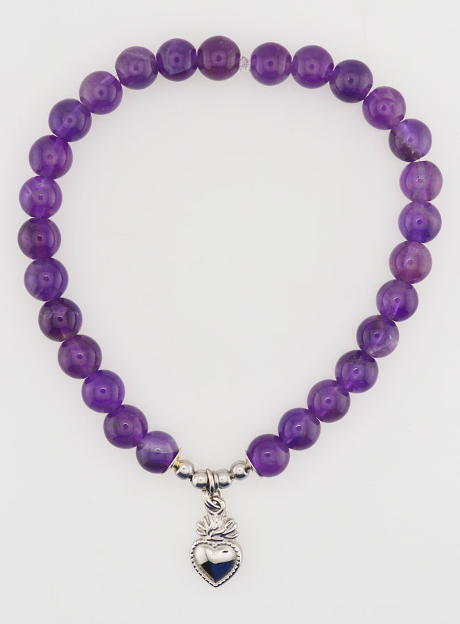 Bracelet Religieux en Pierre d'Améthyste 6mm & Coeur Sacré (pic 1)