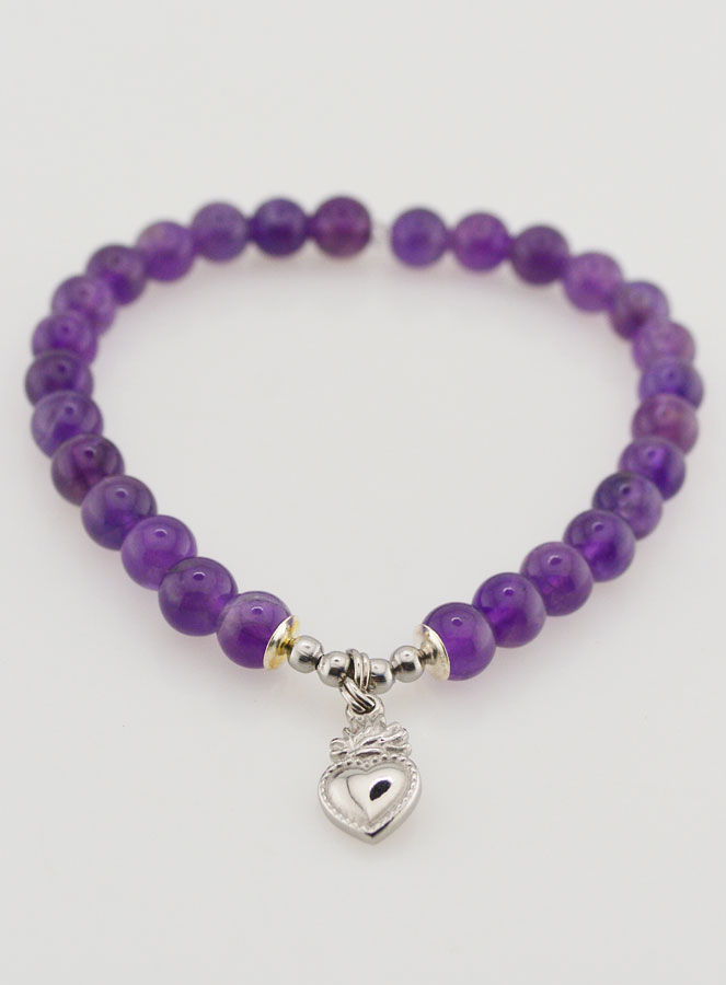 Bracelet Religieux en Pierre d'Améthyste 6mm & Coeur Sacré (pic 2)
