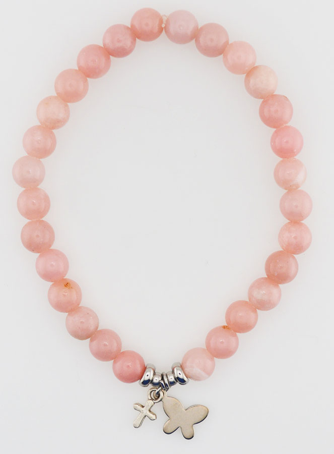 Bracelet en Pierres Naturelles d'Opale Rose 6mm - Papillon & Croix (pic 1)