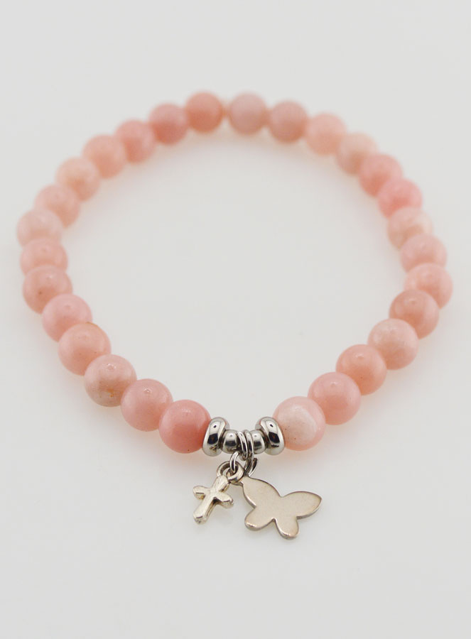 Bracelet en Pierres Naturelles d'Opale Rose 6mm - Papillon & Croix (pic 2)