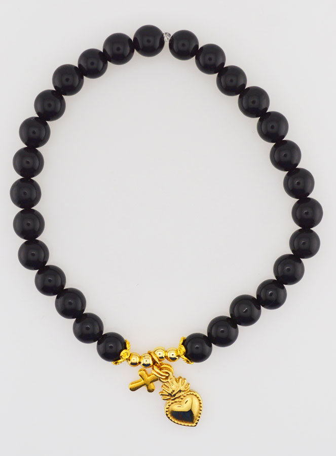 Bracelet Religieux en Pierres Naturelles d'Agate Noire - Sacré Coeur & Croix (pic 1)