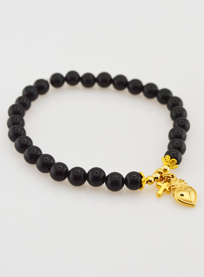 Bracelet Religieux en Pierres Naturelles d'Agate Noire - Sacré Coeur & Croix (pic 3)