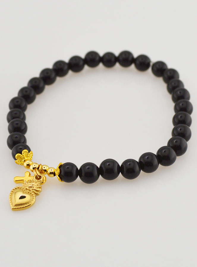 Bracelet Religieux en Pierres Naturelles d'Agate Noire - Sacré Coeur & Croix (pic 4)