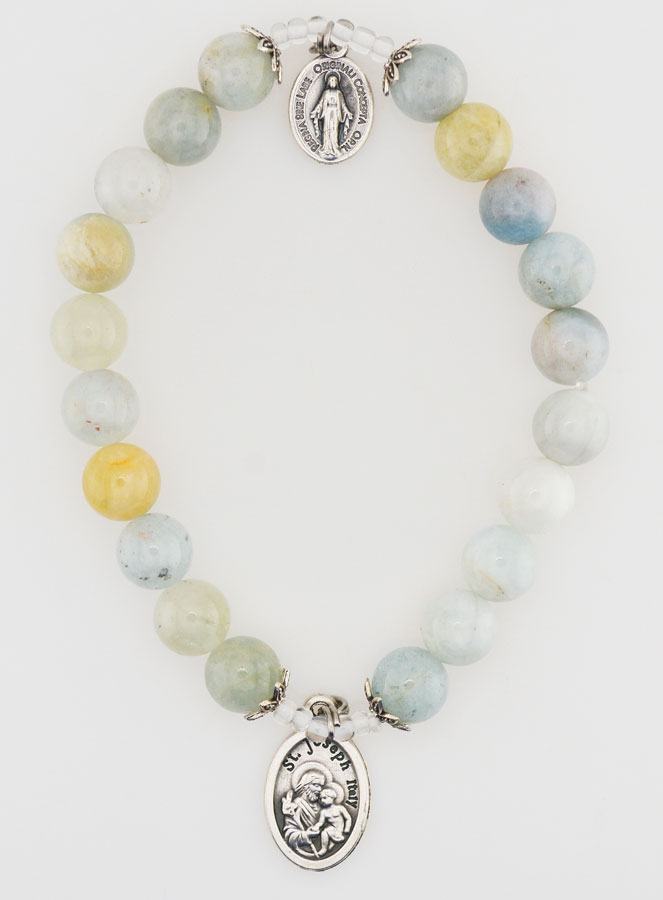 Bracelet Religieux en Pierres d'Aigue Marine St Joseph & Miraculeuse (pic 1)