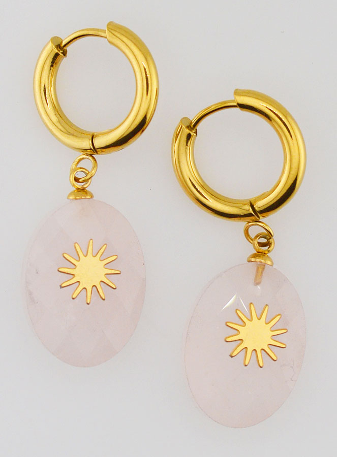 Boucles d'Oreilles Quartz Rose Facetté et Soleil (pic 1)