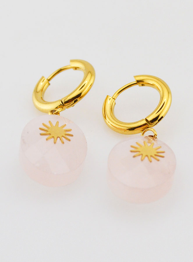 Boucles d'Oreilles Quartz Rose Facetté et Soleil (pic 2)