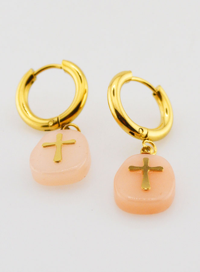 Boucles d'Oreilles Aventurine Pêche & Croix (pic 2)