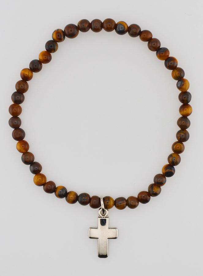 Bracelet en Pierre Naturelle d'Oeil de Tigre 4mm & Croix (pic 1)