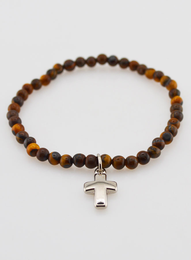 Bracelet en Pierre Naturelle d'Oeil de Tigre 4mm & Croix (pic 2)