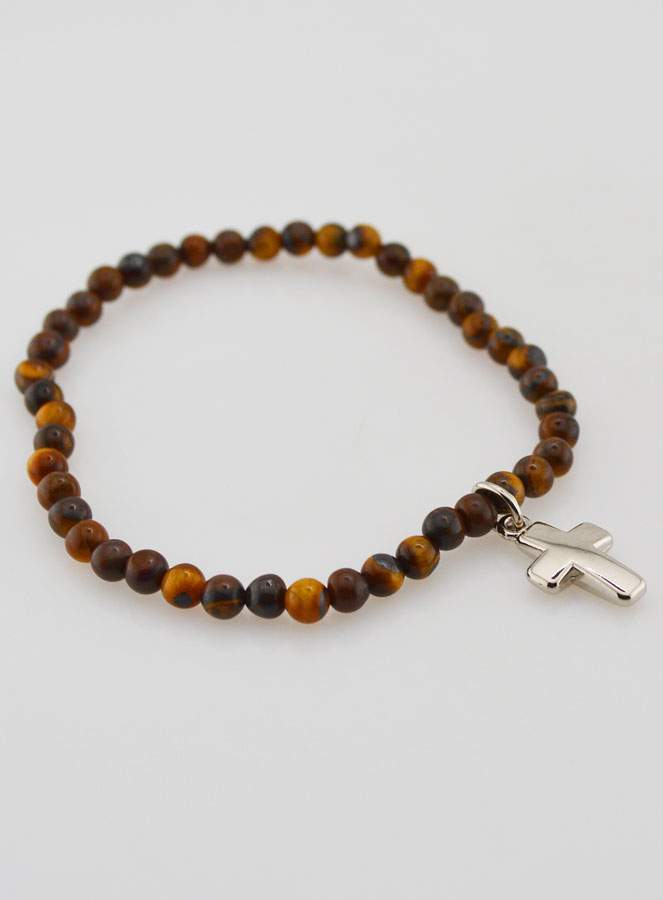 Bracelet en Pierre Naturelle d'Oeil de Tigre 4mm & Croix (pic 3)