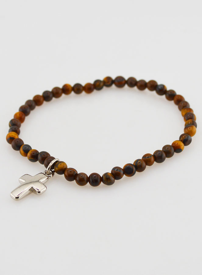 Bracelet en Pierre Naturelle d'Oeil de Tigre 4mm & Croix (pic 4)