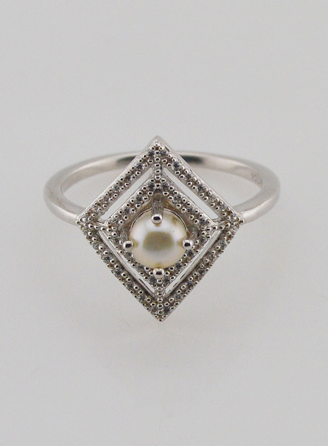 Bague en Argent Massif Losange Zircons & Perle - T54 (pic 1)