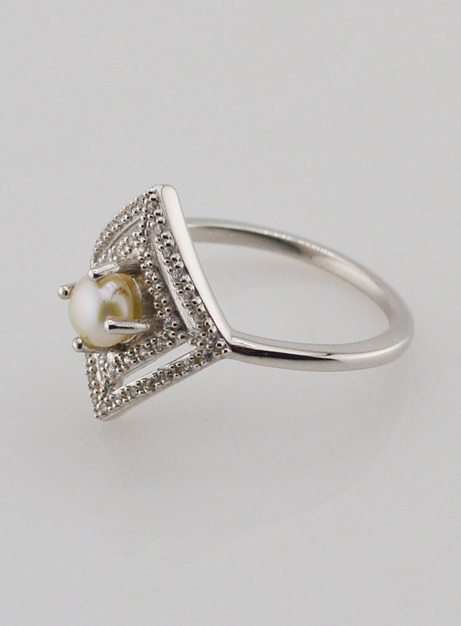 Bague en Argent Massif Losange Zircons & Perle - T54 (pic 2)