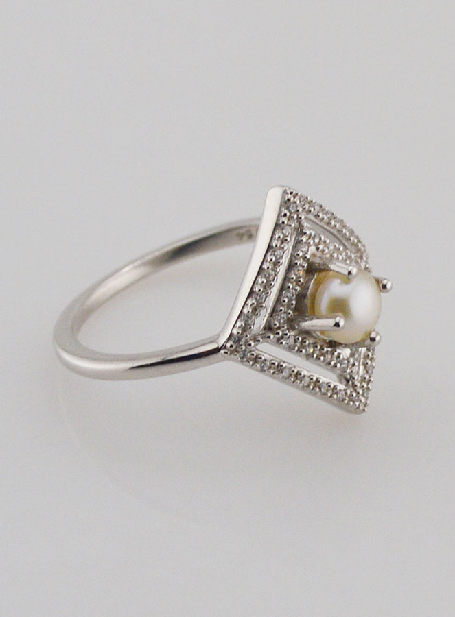 Bague en Argent Massif Losange Zircons & Perle - T54 (pic 3)