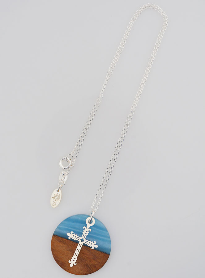 Collier Religieux en Argent - Médaille Bois Résine & Croix au Lys (pic 2)