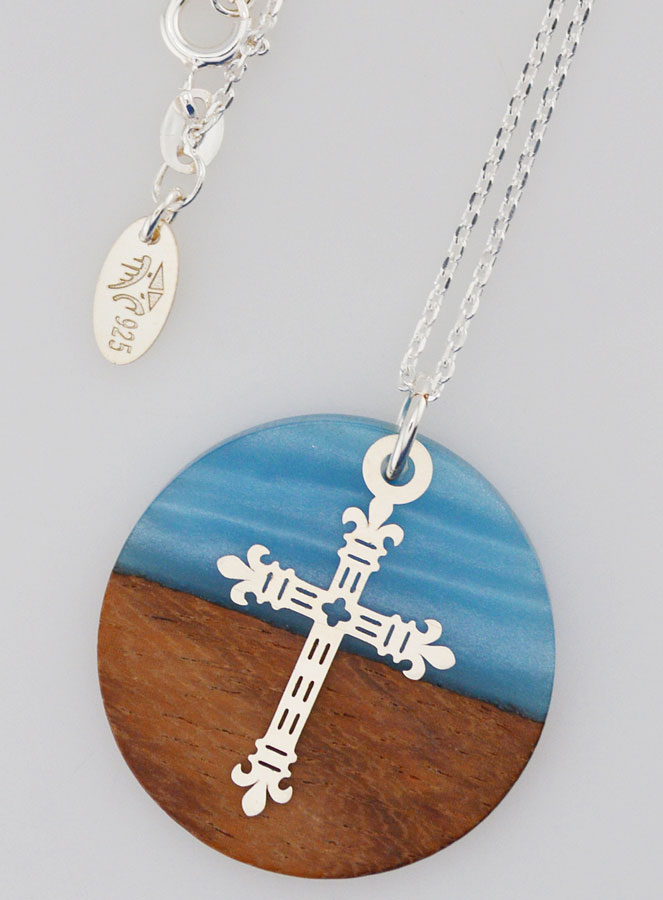 Collier Religieux en Argent - Médaille Bois Résine & Croix au Lys (pic 4)