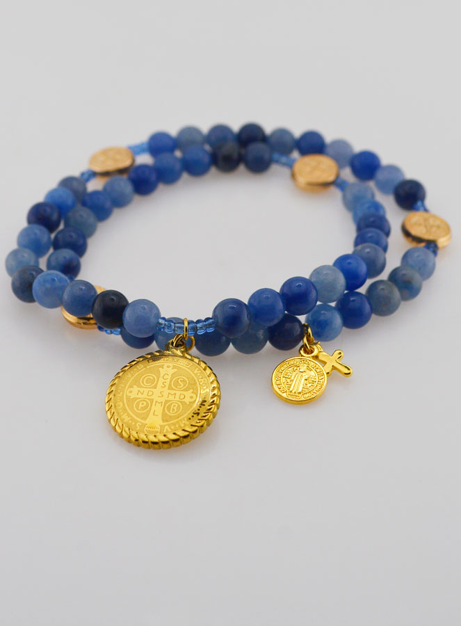 Bracelet Chapelet en Aventurine Bleue 6mm & St Benoît (pic 2)