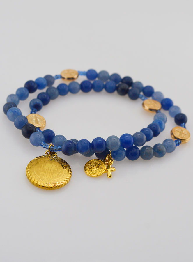 Bracelet Chapelet en Aventurine Bleue 6mm & St Benoît (pic 3)