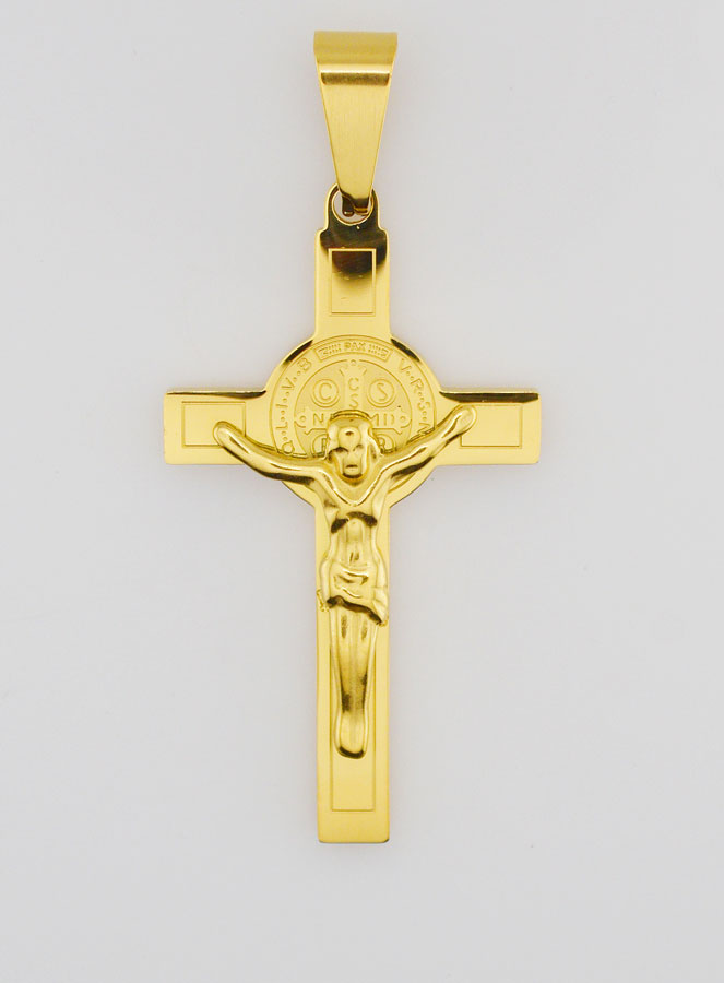 Pendentif Croix de Saint Benoît en Inox Doré - 4,5cm (pic 1)