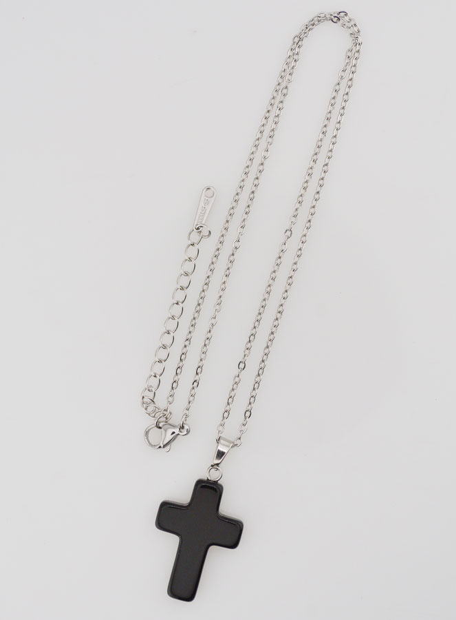 Collier Religieux Chaîne Inox & Croix en Agate Noire (pic 1)