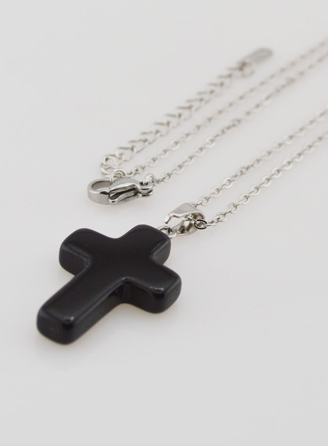 Collier Religieux Chaîne Inox & Croix en Agate Noire (pic 2)