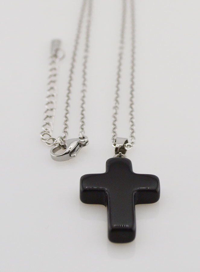 Collier Religieux Chaîne Inox & Croix en Agate Noire (pic 3)