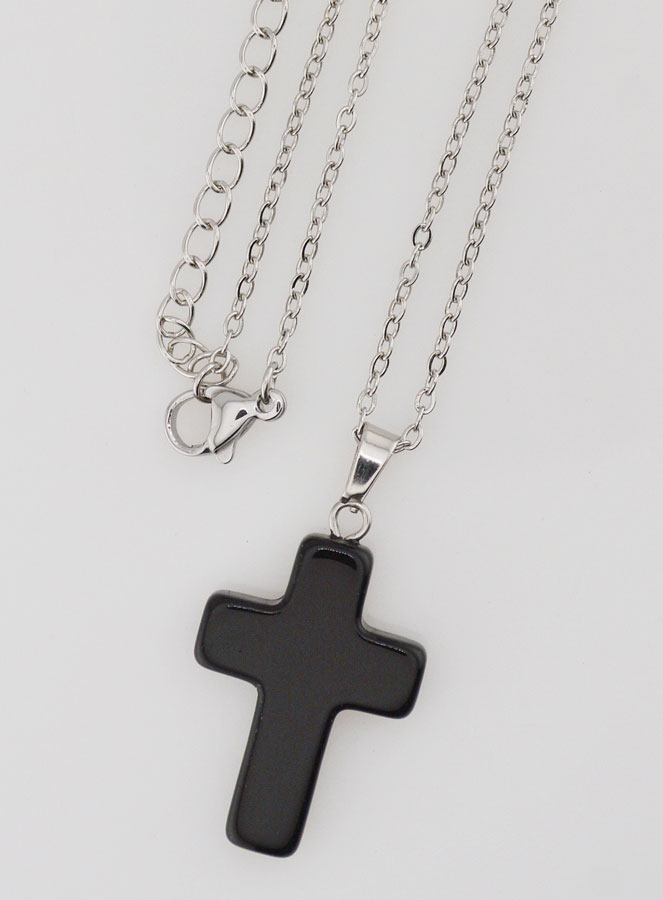 Collier Religieux Chaîne Inox & Croix en Agate Noire (pic 4)
