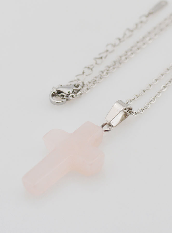 Collier Religieux Chaîne Inox & Croix en Quartz Rose (pic 1)