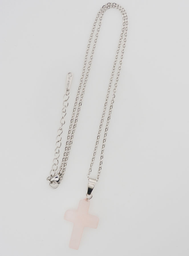 Collier Religieux Chaîne Inox & Croix en Quartz Rose (pic 2)