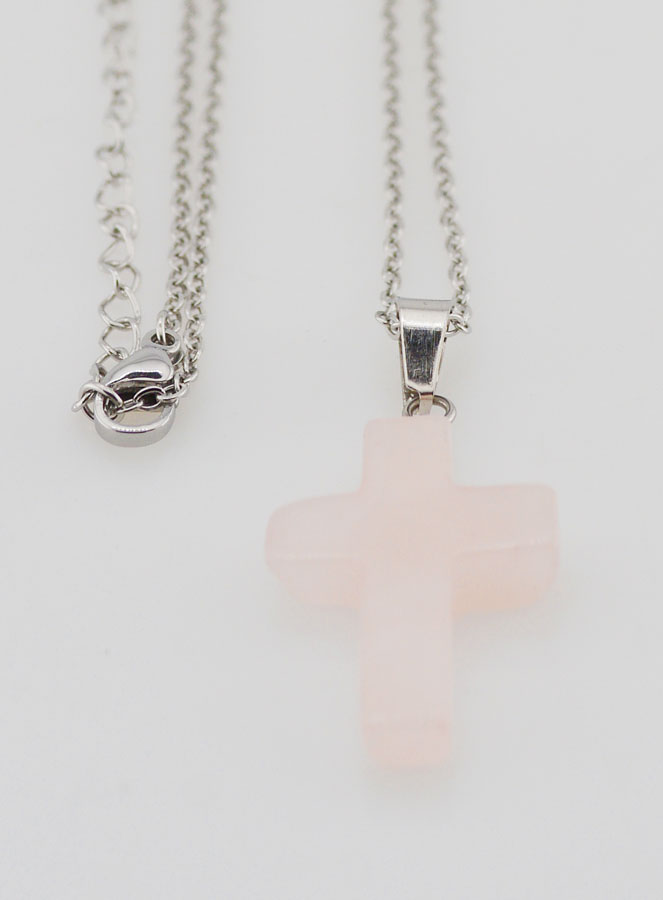 Collier Religieux Chaîne Inox & Croix en Quartz Rose (pic 3)