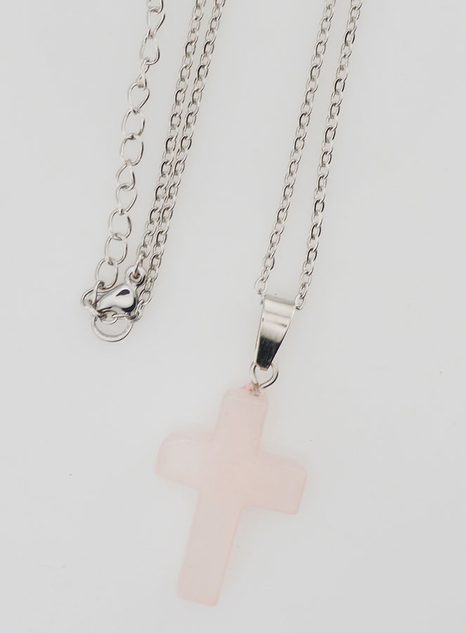 Collier Religieux Chaîne Inox & Croix en Quartz Rose (pic 4)