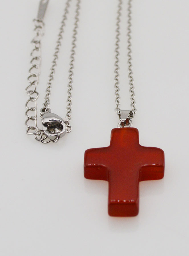 Collier Religieux Chaîne Inox & Croix en Cornaline (pic 1)