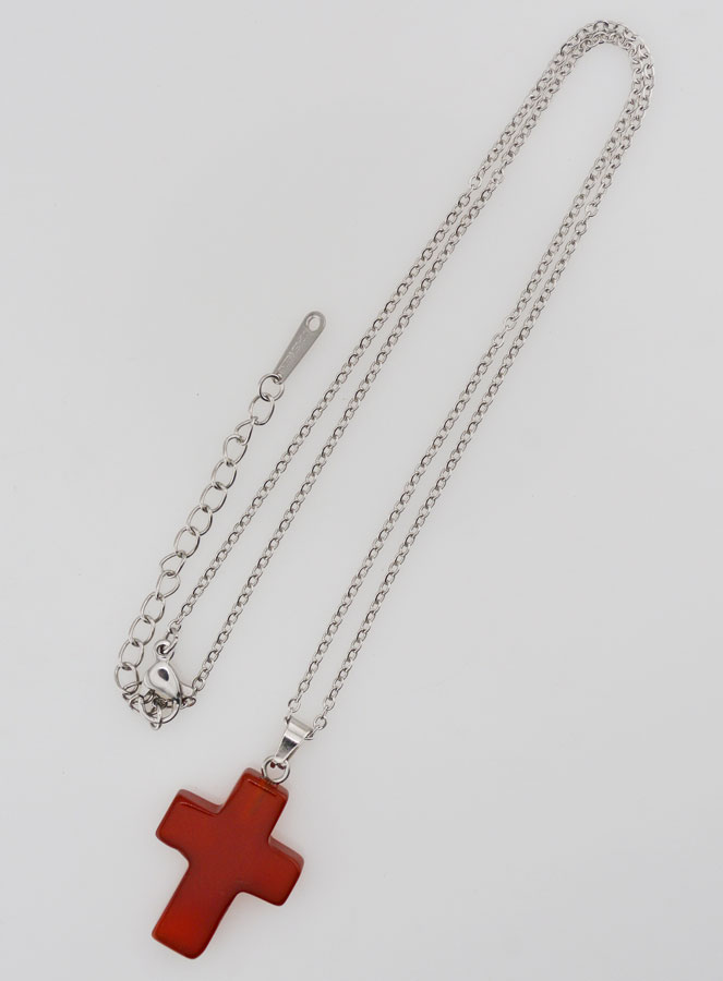 Collier Religieux Chaîne Inox & Croix en Cornaline (pic 2)