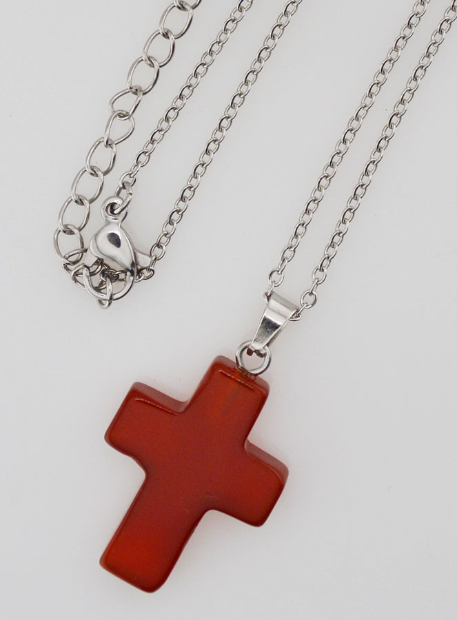 Collier Religieux Chaîne Inox & Croix en Cornaline (pic 4)