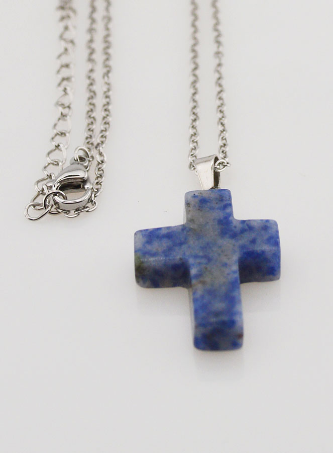Collier Religieux Chaîne Inox & Croix en Jaspe Bleu (pic 1)