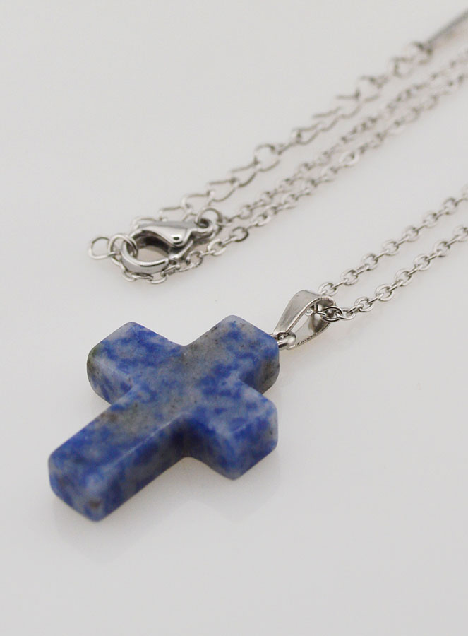 Collier Religieux Chaîne Inox & Croix en Jaspe Bleu (pic 3)