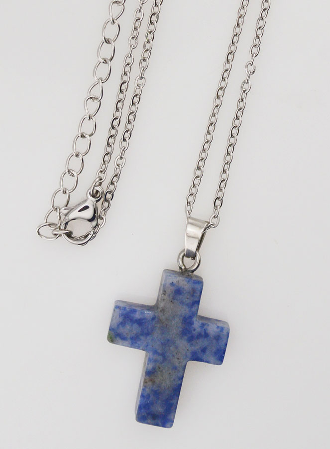 Collier Religieux Chaîne Inox & Croix en Jaspe Bleu (pic 4)