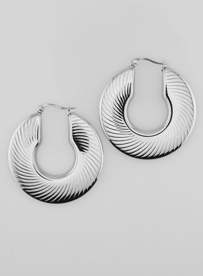 Boucles d'Oreilles Créoles Modernes Striées 4cm - Inox Argent (pic 1)