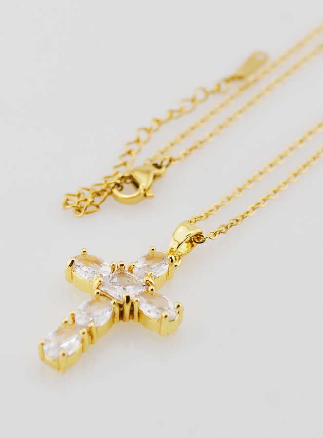 Collier Religieux en Laiton Doré - Croix Strass (pic 1)