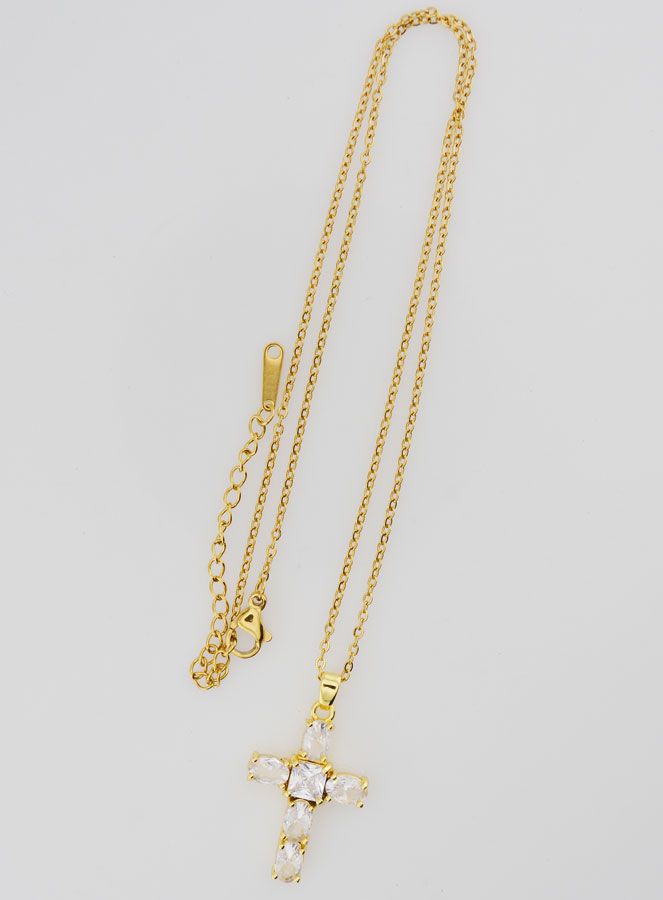 Collier Religieux en Laiton Doré - Croix Strass (pic 2)