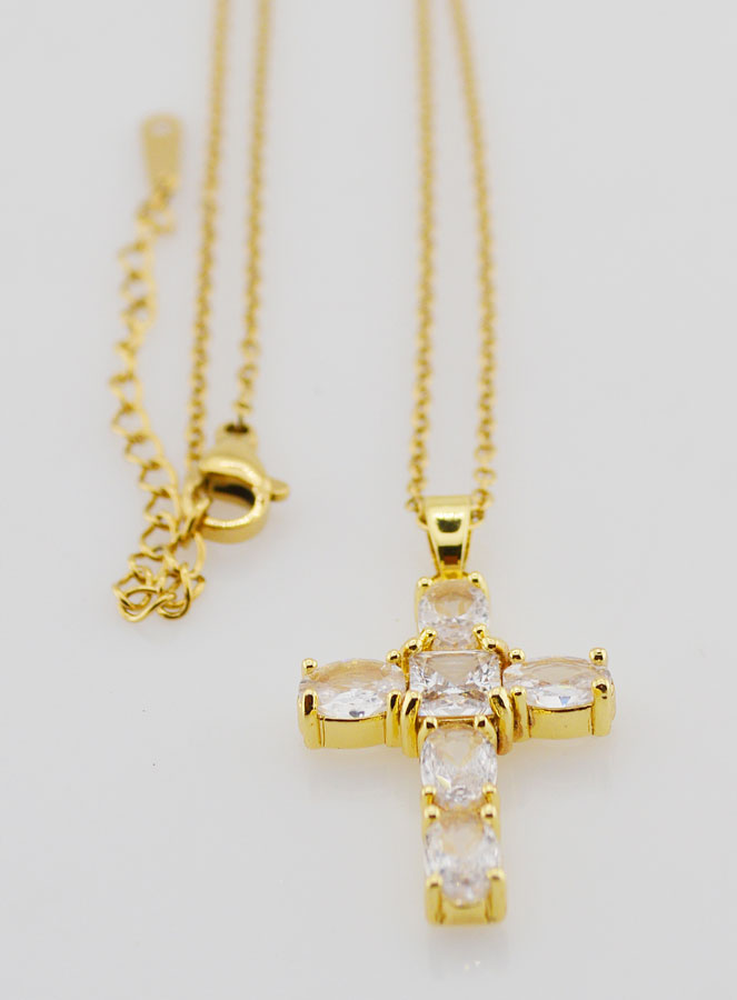 Collier Religieux en Laiton Doré - Croix Strass (pic 3)