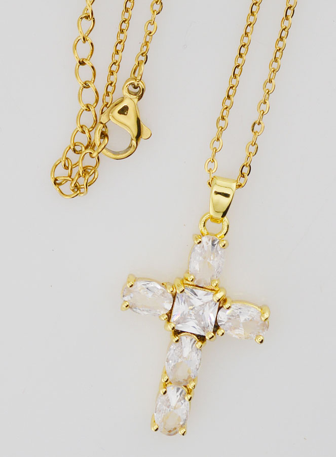 Collier Religieux en Laiton Doré - Croix Strass (pic 4)