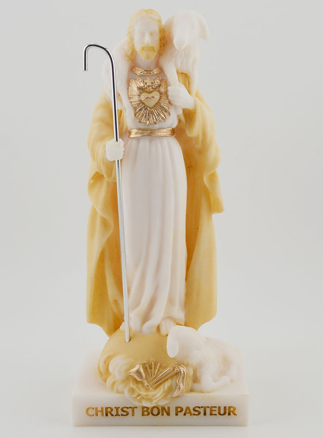 Statue Religieuse Christ bon Pasteur en Albâtre Beige et Or - 17cm (pic 1)