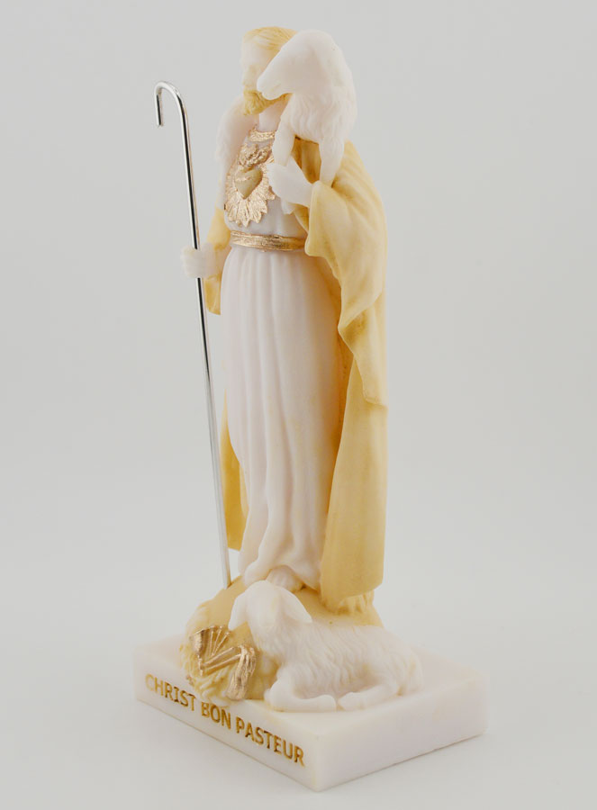 Statue Religieuse Christ bon Pasteur en Albâtre Beige et Or - 17cm (pic 2)