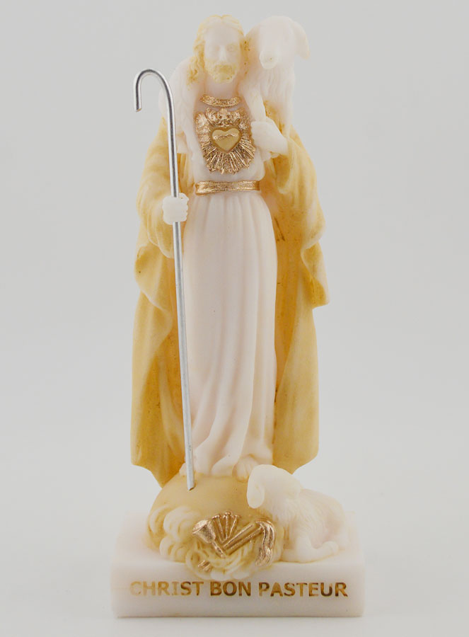 Statue Religieuse Christ bon Pasteur en Albâtre Beige et Or - 12cm (pic 1)