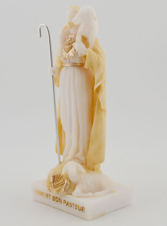 Statue Religieuse Christ bon Pasteur en Albâtre Beige et Or - 12cm (pic 2)